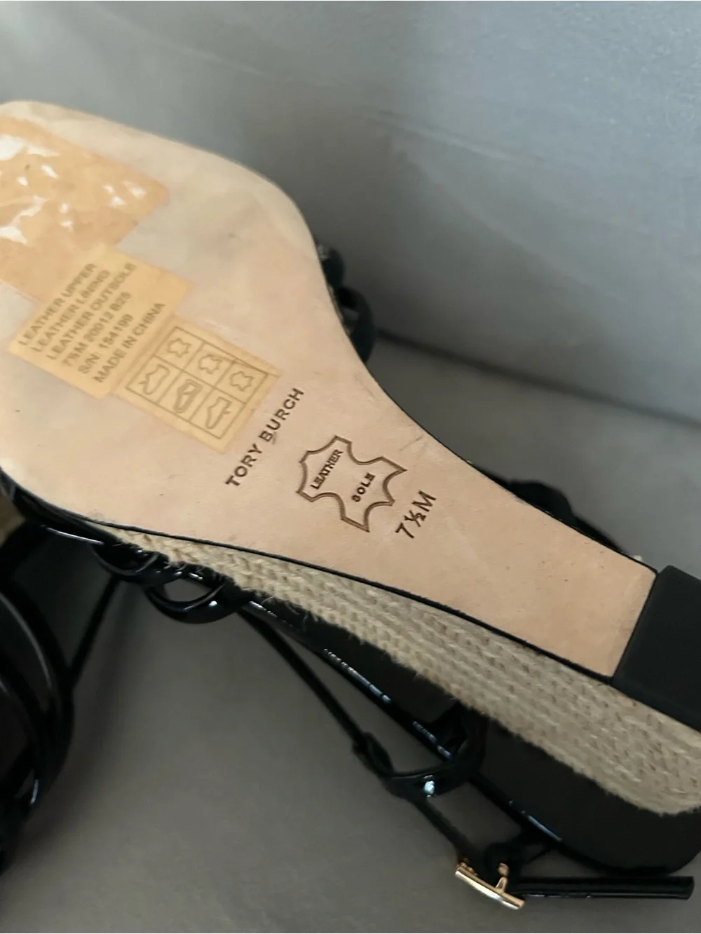 Tory Burch MULTI-STRAP ESPADRILLE WEDGE Black Patent Leather Sandals 7.5
